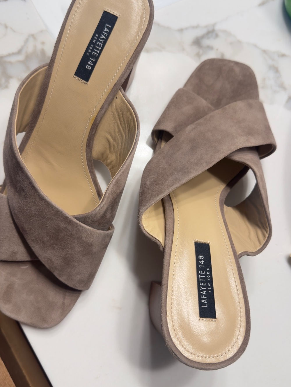 Lafayette 148 New York Taupe Suede Crisscross Slide Mules